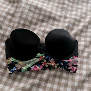 Victoria’s Secret Pink Strapless Bra, black with colorful lace detail, size 34B